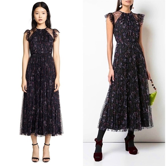 JILL STUART Floral Tulle Sheer Dot Ruffle Flutter Sleeve Pleated Maxi Gown 0 - Picture 1 of 15